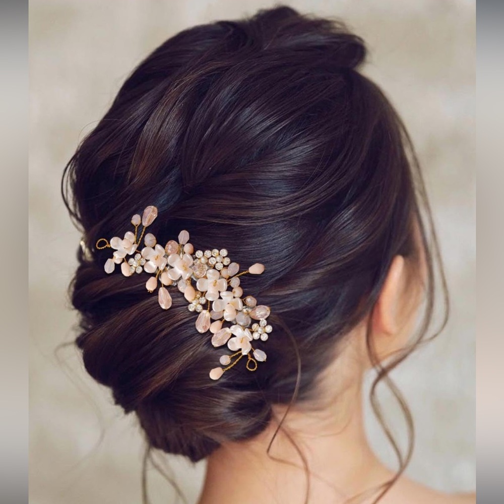 NEW! Bride Wedding Flower Hair Piece Vine Gold Crystal Beads Pearl Accessory